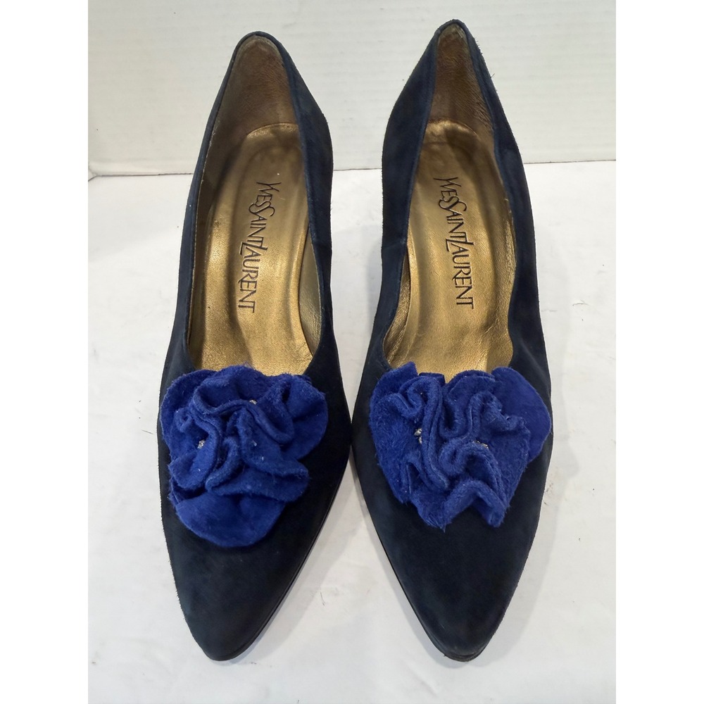 Yves Saint Laurent Black Suede Blue Rosette Vintage Heel Pumps Sz 5.5